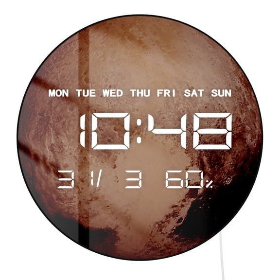 Pluto Planet Digital LED Wall Clock With Temperature Display Week Date Humidity Multifunctional 12/24hr Electronic Wall Clock Space Themed Wall Art Decor For Bedroom Study Room Gift For Astronom