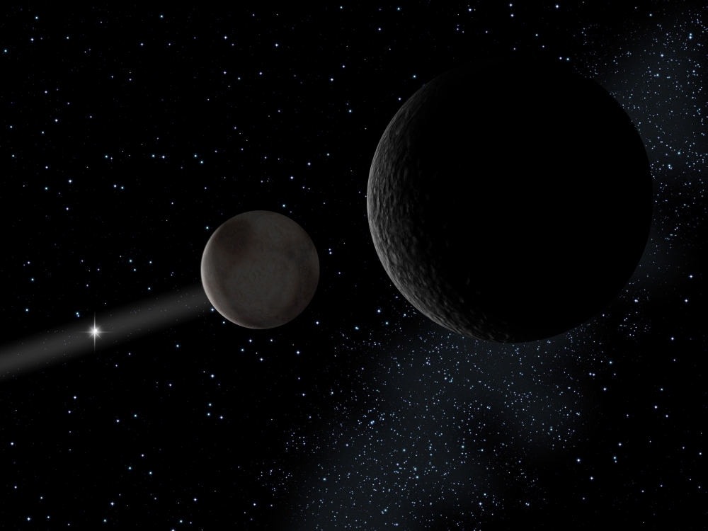 Pluto and its moon Charon lie at the frontier of the solar system Canvas Art - Ron MillerStocktrek Images (33 x 25)