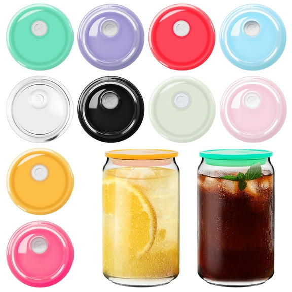Plutput 10 Pcs Acrylic Lids for 16 oz Glass Cups with Lids and Straws Hole, Colored Glass Can Tumbler Replacement Lids Spill Proof Reusable for Beer Can Drinking Glasses Tumbler Cup