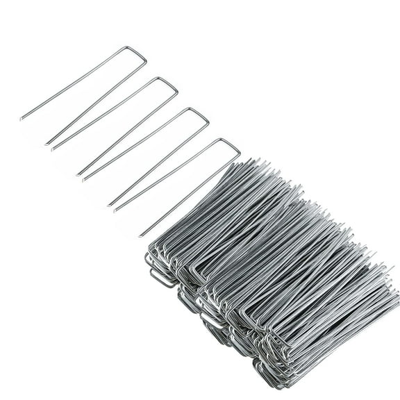 Plutput 100pcs Garden Stakes 6 inches 11 Gauge Heavy-Duty U-Shaped Galvanized Landscape Staples for Artificial Grass, Weed Barrier, Tents Tarps (Silver)