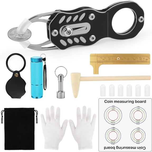 Plutput 16Pcs Silver Coin Tester Kit, Coin Ping Tester for Resonance Testing and Size Comparison, Magnifying Glass/Hammer/Keychain/Measuring Board/Caliper/Bag/UV Light/Gloves/Protective Covers