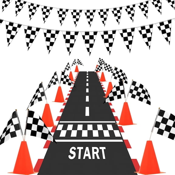 Plutput 38 Pcs Traffic Cones and Racing Flags Set - 12 Plastic Cones With Hole, 24 Checkered Flags With Sticks, 6.5Ft Racetrack Floor Runner and 9.8ft Race Track Banner