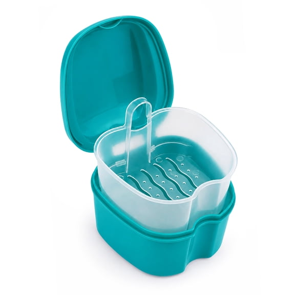 Plutput Denture Bath Case Box Cup Container with Basket Denture Holder for Travel and Cleaning(Green)