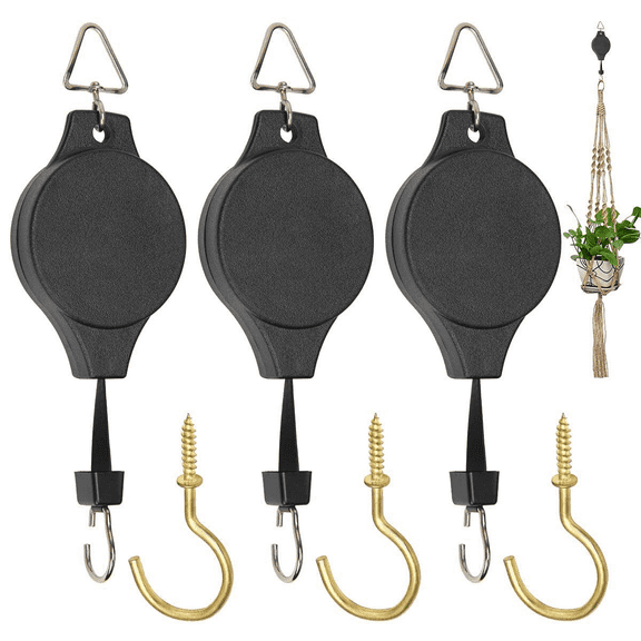 Plutput Plant Pulley Hangers Black Plastic with Adjustable Heavy Duty Hooks (3 Count)