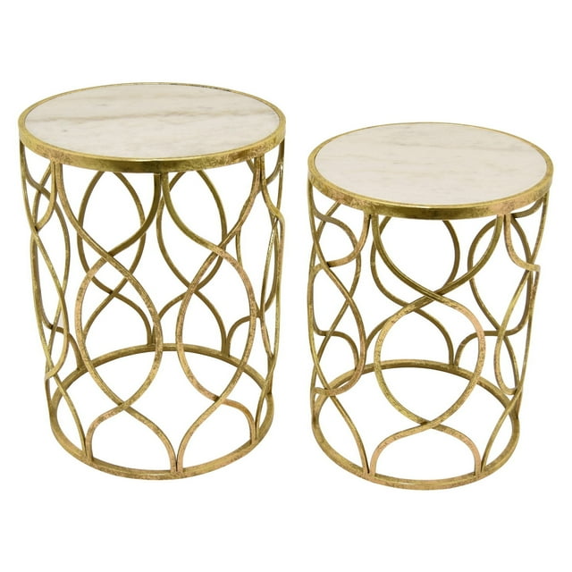 Plutus 2 Piece Modern Metal Marble Top Table Set in Gold