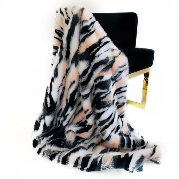 Plutus 90" x 90" Fancy Faux Fur Luxury Throw Blanket in Black White and Pink