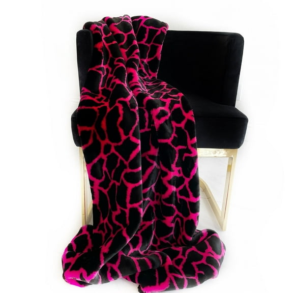 Plutus Brands Plutus Pink Black Plush Faux Fur Luxury Throw Blanket, 102L x 116W