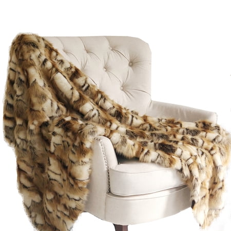 Plutus Brandy Gold and White Faux Fox Luxury Throw 90"W x 60"L