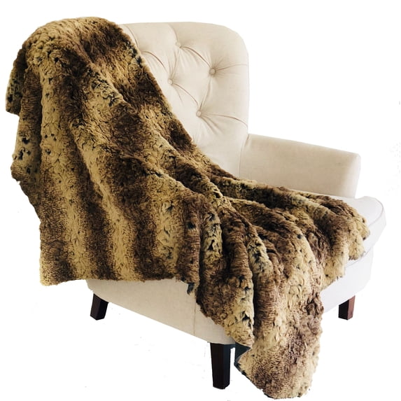 Plutus Beige and Brown Chinchilla Faux Fur Luxury Throw Blanket 80L x 90W Twin XL