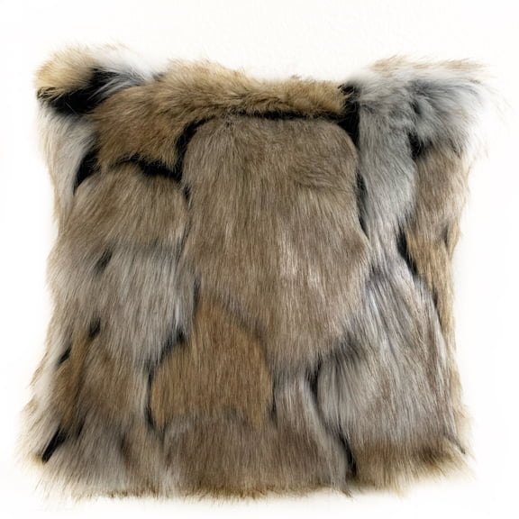Plutus Taupe, Black Wild Wolf Animal Faux Fur Luxury Throw Pillow-Size:18" x 18"