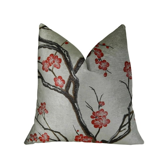 Plutus Cherry Blossom White Red Gray Handmade Luxury Pillow 16"L x16"W