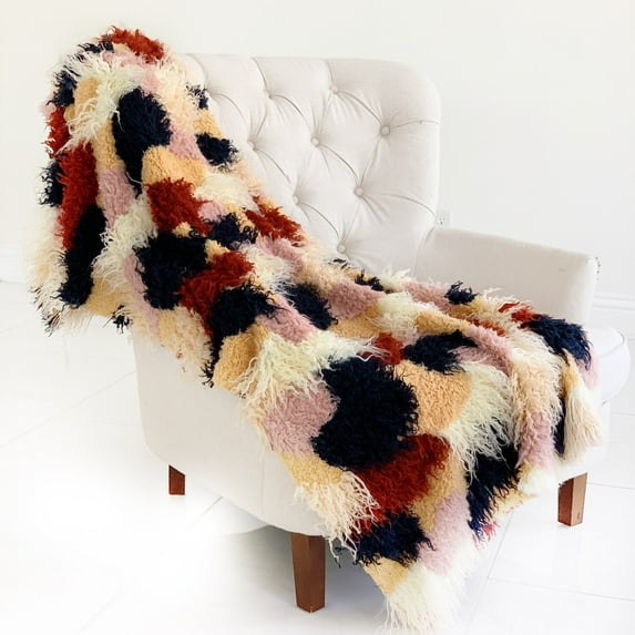 Plutus Fanciful Boho Plush Handmade Luxury Faux Fur Throw Blanket 90L x 90W Full- Red, White, Blue