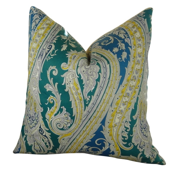 Plutus Fun Paisley Handmade Double Sided Throw Pillow - Blue - Yellow & Green - 12 x 20 in.