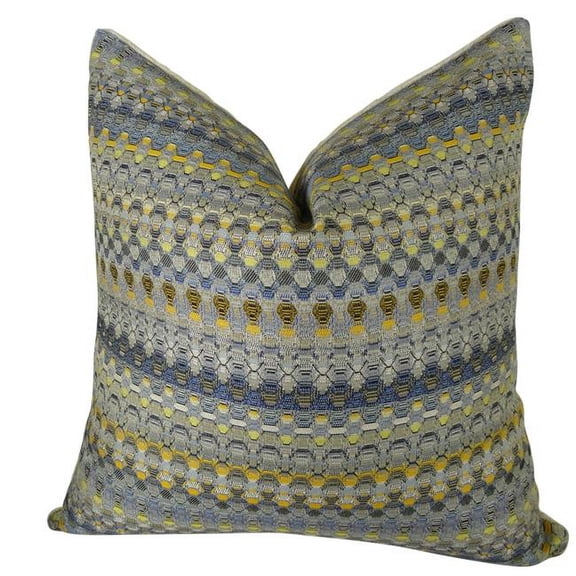 Plutus  Merlot Way Handmade Double Sided Throw Pillow - Blue - Navy & Yellow - 22 x 22 in.