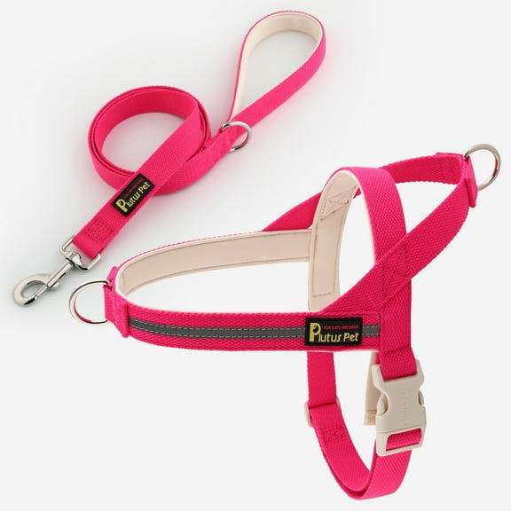 Plutus Pet Cotton Dog Harness and Leash Set, Reflective and Soft Padded, Hot Pink, S