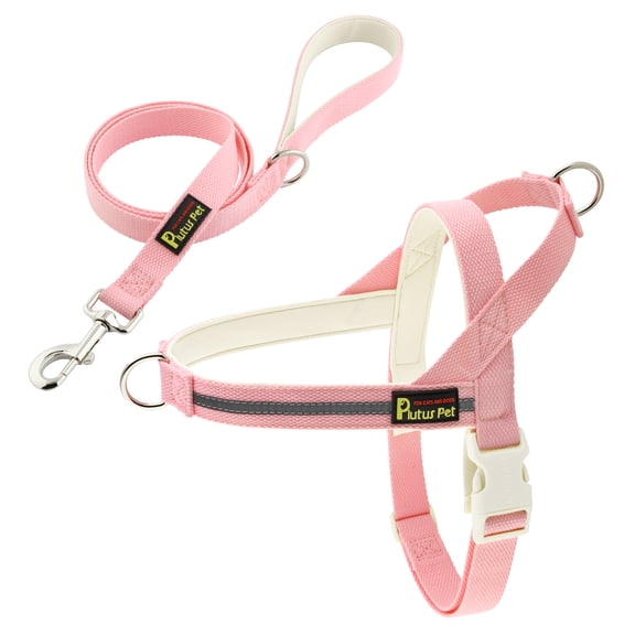 Plutus Pet Cotton Dog Harness and Leash Set, Reflective and Soft Padded, Pink, M