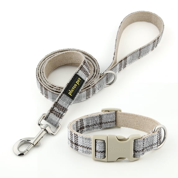 Plutus Pet Cotton Hemp Dog Collar and Leash Set, Adjustable Collar for Small, Medium, and Large Dogs, Heavy Duty and Soft on Skin, Gray Plaid, M