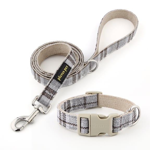 Plutus Pet Cotton Hemp Dog Collar and Leash Set, Adjustable Collar for Small, Medium, and Large Dogs, Heavy Duty and Soft on Skin, Gray Plaid, XS