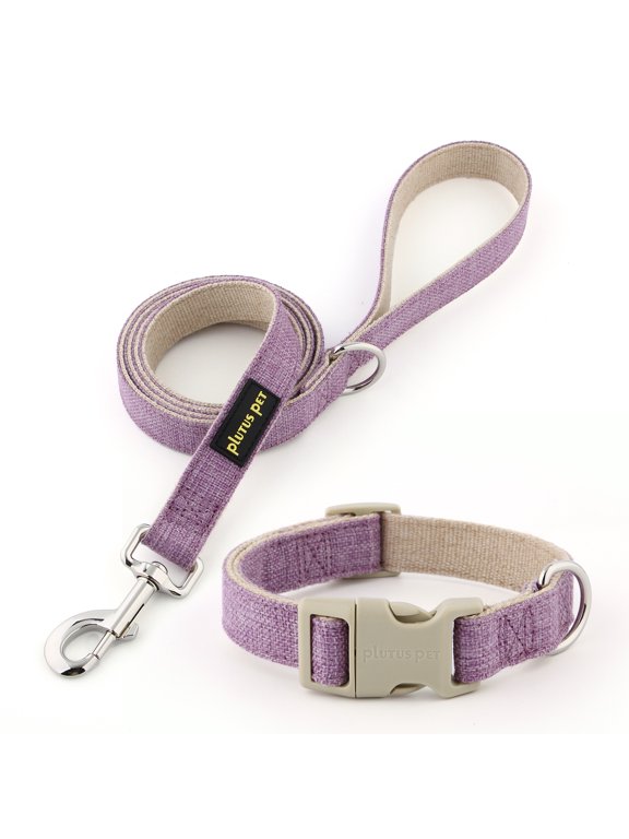 Cotton Hemp Dog Collar and Leash Set, Adjustable Collar for Small, Medium, and Large Dogs, Heavy Duty and Soft on Skin, Lavender, S