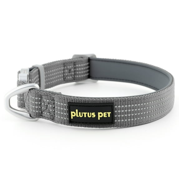 Plutus Pet Reflective Dog Collar with Aviation Aluminum Buckle, Neoprene Padded for comfort, Lightweight, Heavy Duty Nylon Collar for Puppy Small Medium Large Dogs (Gray, L)