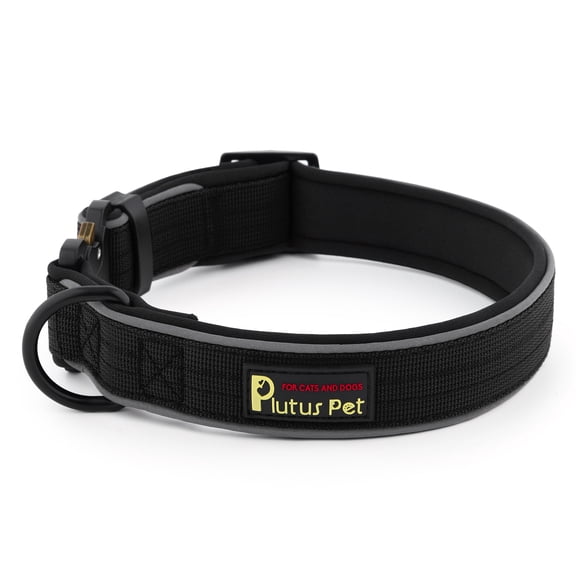 Plutus Pet Tactical Dog Collar, Reflective, Adjustable Heavy Duty Dog Collar, Soft Padded and Comfortable, for Small Medium and Large Dogs (Black, L)