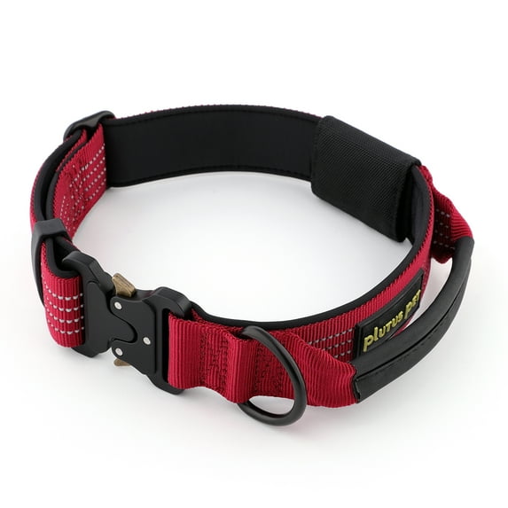 Plutus Pet Tactical Dog Collar with Tracker Packet for AirTag, Adjustable Reflective Nylon Collar, Metal Buckle, Leather-Wrapped Handle, Soft Padded for Medium Large Dogs (Burgundy Red, S)
