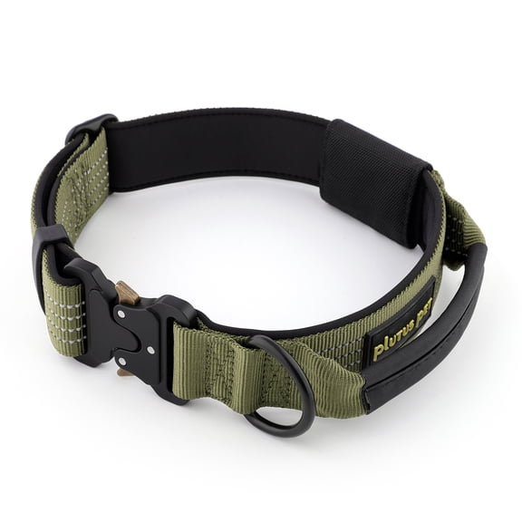 Plutus Pet Tactical Dog Collar with Tracker Packet for AirTag, Adjustable Reflective Nylon Collar, Metal Buckle, Leather-Wrapped Handle, Soft Padded for Medium Large Dogs (Ranger Green, M)
