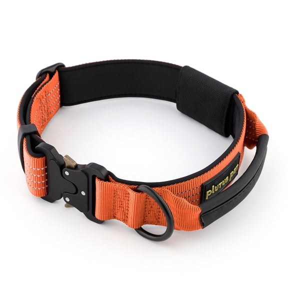 Plutus Pet Tactical Dog Collar with Tracker Packet for AirTag, Adjustable Reflective Nylon Collar, Metal Buckle, Leather-Wrapped Handle, Soft Padded for Medium Large Dogs (Orange, M)