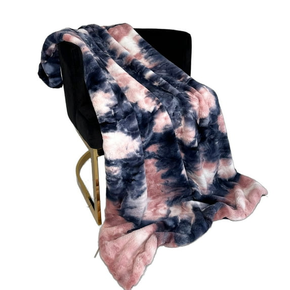 Plutus Brands Plutus Pink Navy Fureal Faux Fur Luxury Throw Blanket, Blanket 80L x 90W Twin XL