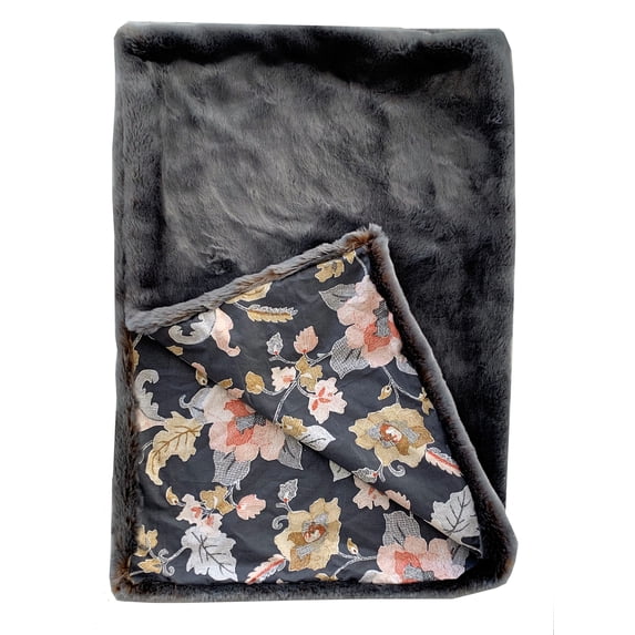 Plutus Two Tone Gray/Amber Handmade Luxury Throw with Floral Backing Throw 60W x 90L