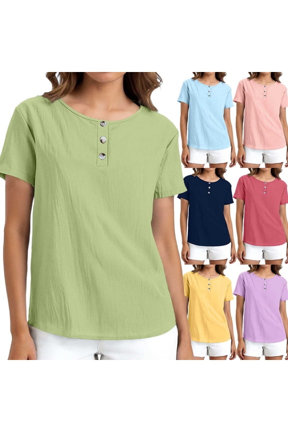 Pluz Sise Blouses for Women Women's Fashionable Casual Vacation Everyday Solid Color Button-down Crew Neck Short Sleeves Top Yellow XXL