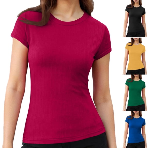 Pluz Sise Women Tops Ladies Tops Women's Fashion Multi-Color Ribbed Casual Short-Sleeve Crew Neck T-Shirt Top Hot Pink XXL