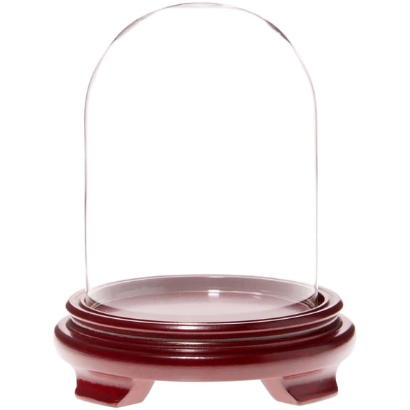 Plymor 4.5" x 6" Glass Display Dome Cloche (Red Wood Veneer Footed Base)