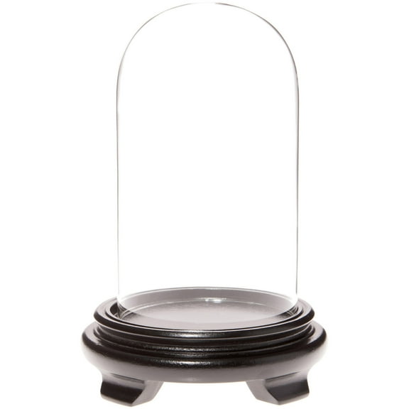 Plymor 4" x 7" Glass Display Dome Cloche (Black Wood Veneer Footed Base)