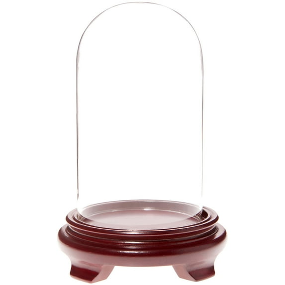 Plymor 4" x 7" Glass Display Dome Cloche (Red Wood Veneer Footed Base)
