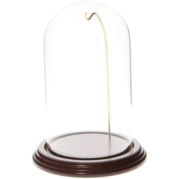 Plymor 4" x 7" Watch / Ornament Glass Display Dome Cloche (Dark Mahogany Veneer Base & Gold Wire)