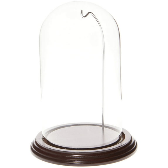 Plymor 4" x 7" Watch / Ornament Glass Display Dome Cloche (Dark Mahogany Veneer Base & Silver Wire)