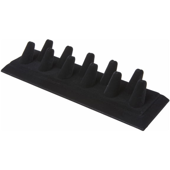 Plymor Black Velvet Ring Finger Display, Eleven on Rectangular Base, 11.125" W x 3.375" D x 2.125" H (Pack of 3)