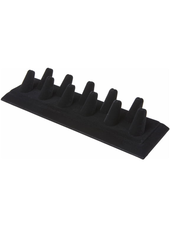 Black Velvet Ring Finger Display, Eleven on Rectangular Base, 11.125" W x 3.375" D x 2.125" H