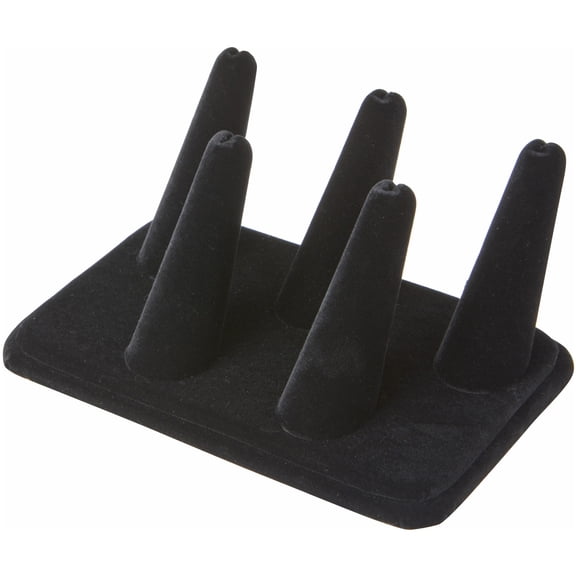Plymor Black Velvet Ring Finger Display, Five on Rectangular Base, 5.25" W x 3.625" D x 2.25" H (Pack of 2)