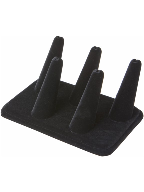 Black Velvet Ring Finger Display, Five on Rectangular Base, 5.25" W x 3.625" D x 2.25" H