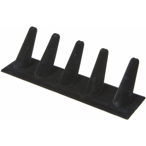 Plymor Black Velvet Ring Finger Display, Five on Rectangular Base, 8" W x 2.125" D x 2.5" H