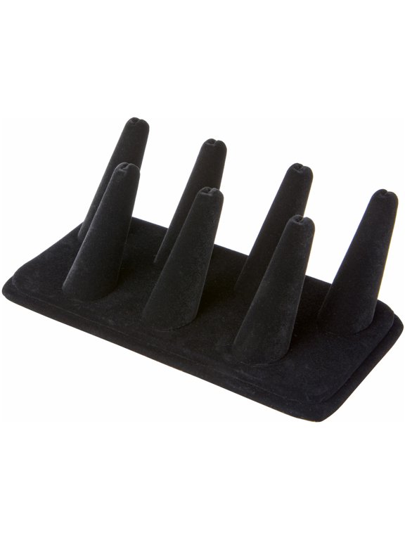 Black Velvet Ring Finger Display, Seven on Rectangular Base, 6.75" W x 3.5" D x 2.25" H