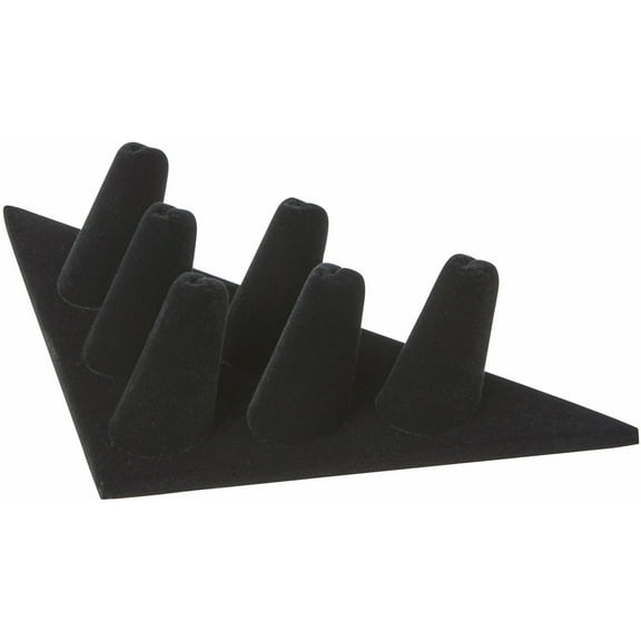 Plymor Black Velvet Ring Finger Display, Six on Triangular Base, 7" W x 3.25" D x 1.5" H