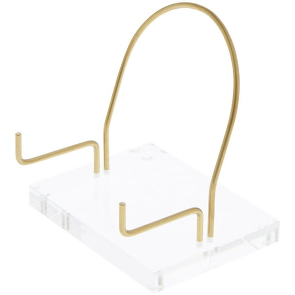 Plymor Clear Acrylic Base with Adjustable Brass Rods and Curved Back to Hold Rock, Fossil, and Mineral Specimen, 3.625" H x 4" W x 3" D (1.5" Arm Length)