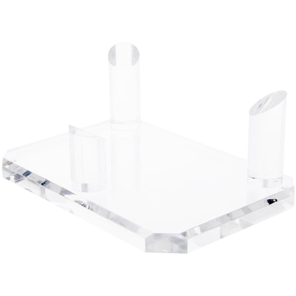Plymor Clear Acrylic Beveled Rectangular Base with 3 Display Prongs for Geode, Mineral or Crystal Cluster, 3.25" H x 10" W x 7" D