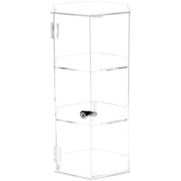 Plymor Clear Acrylic Hexagonal Locking Display Case, 2 Shelves, 18" H x 9.5" W x 8.25" D