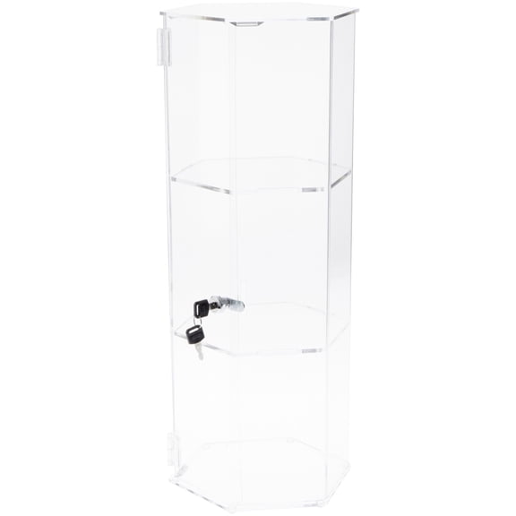 Plymor Clear Acrylic Hexagonal Locking Display Case, 2 Shelves, 24" H x 9.5" W x 8.25" D