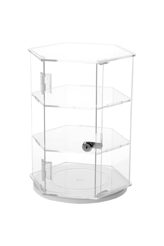Clear Acrylic Hexagonal Locking Display Case, Rotating Base, 2 Shelves, 12.75" H x 9.5" W x 8.25" D