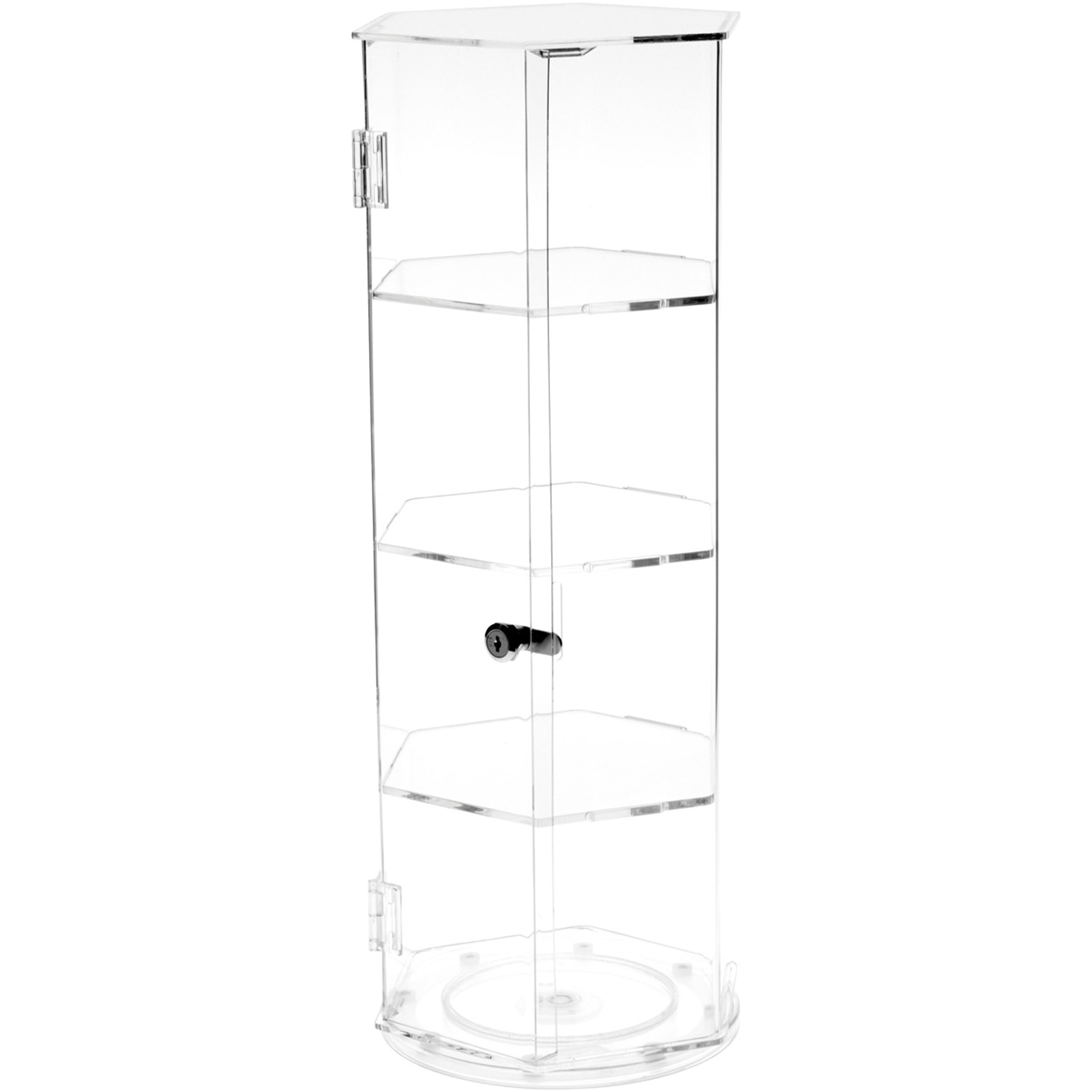 Plymor Clear Acrylic Hexagonal Locking Display Case, Rotating Base, 3 Shelves, 24.5" H x 9.5" W